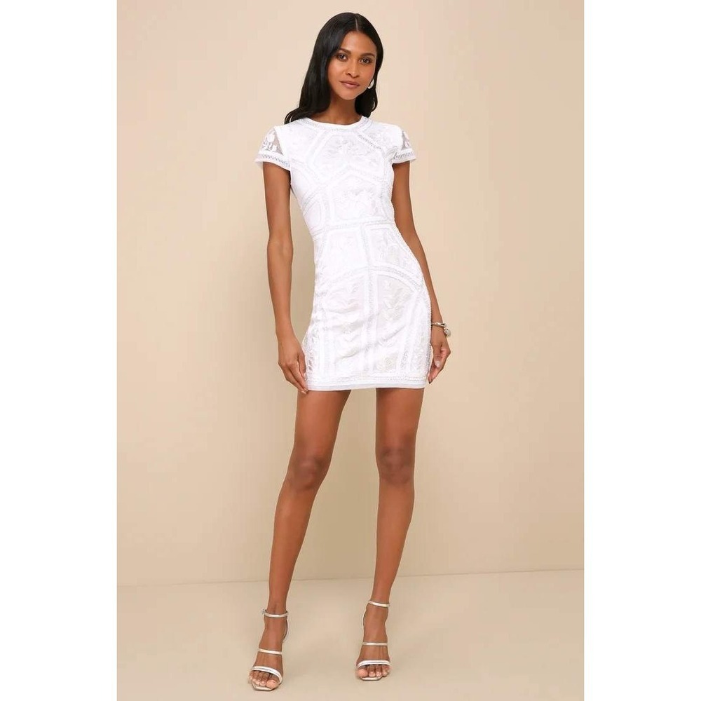 Lulus Spread Your‎ Shine Dress White Sequin Floral Embroidered Bodycon Mini Md